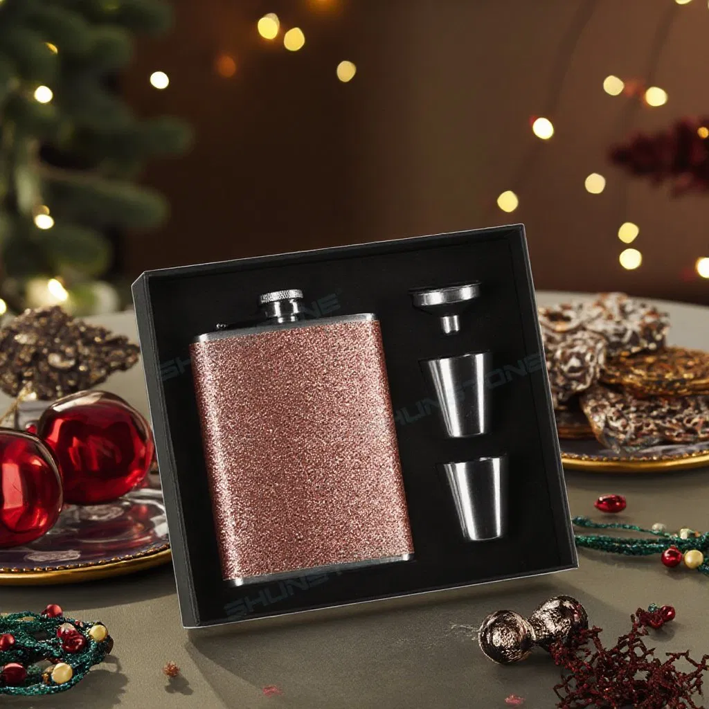 Creative Custom Colorful Pink Shiny Wrapped Flagon Wine Gift Set 2 Shot Whiskey Glass and Hip Flask Gift Set Gift with Funnel