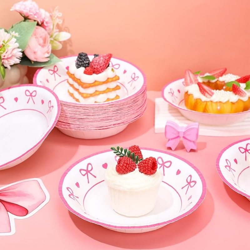 Brighthomey Pink Bow Heart Paper Bowls 16 Oz Coquette Bowknot Party Bowls