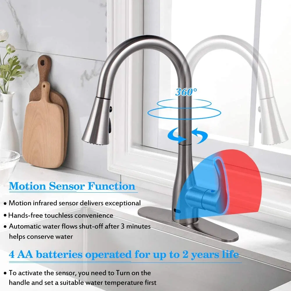American Smart Automatic Touch Free Sensor Kitchen Water Tap Mixer Kitchen Sink Faucet with Flexible Pullout Pulldown Kitchen Sprayer