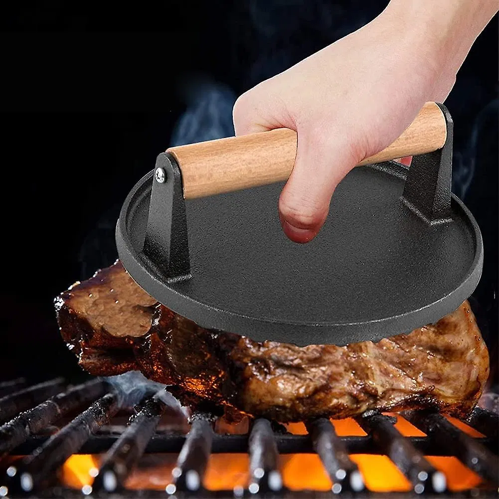 Factory High Quality Black Pre-Seasoned Cast Iron Ribbed Meat / Bacon / Grill Press for Cast Iron Cookware Set