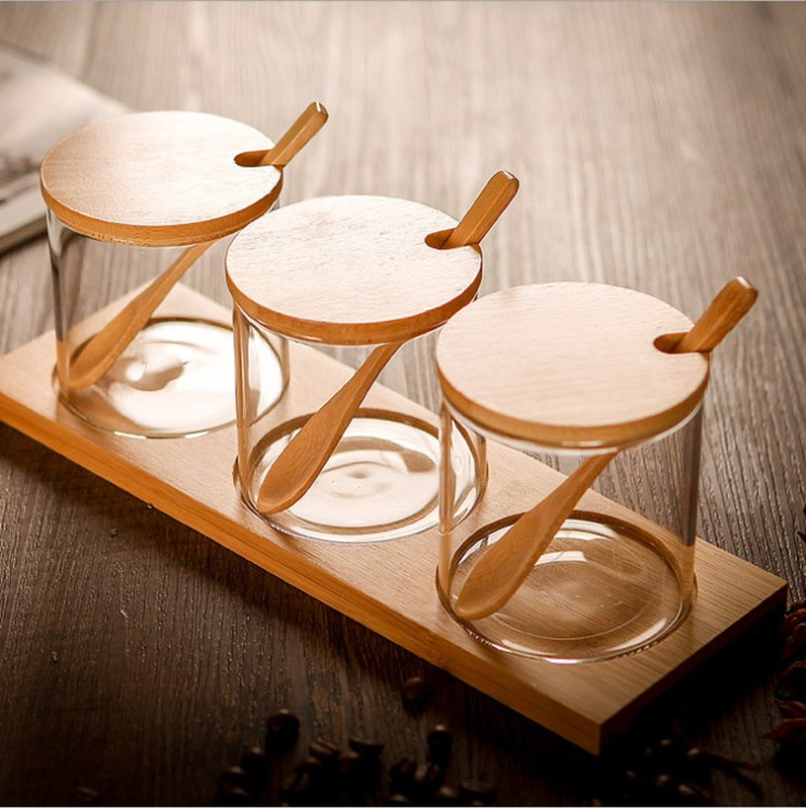 250ml Salt Spice Seasonings Storing Glass Jar with Wood Cap and Spoon