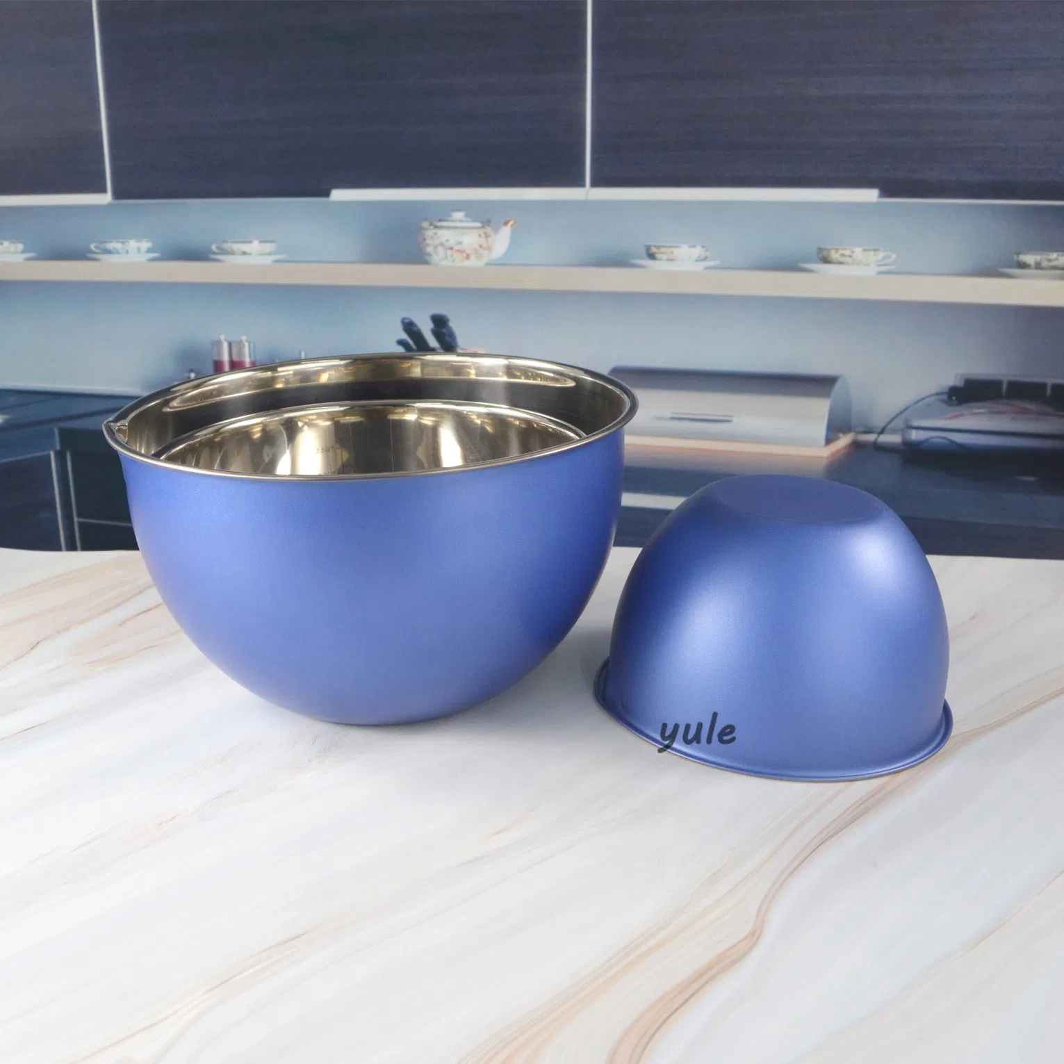 Blue Color Painting Noodle Bowl Storage Fruit Food Serving Foldable Stainless Steel Colorful Coating France Mixing Bowl