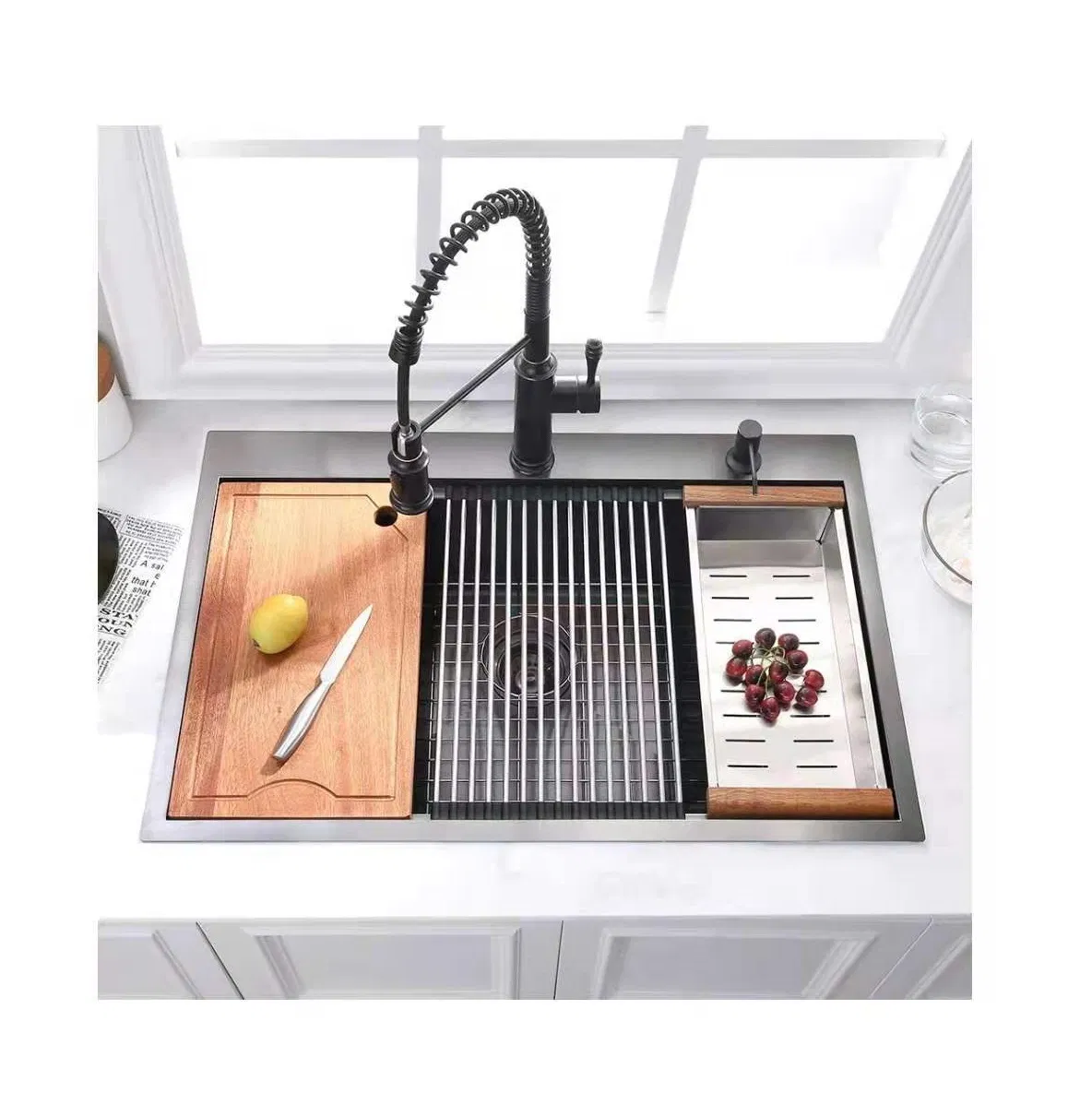 7546 Nano Black Countertop Single Trough Step 304 Stainless Steel Kitchen Household Sink with Accessories
