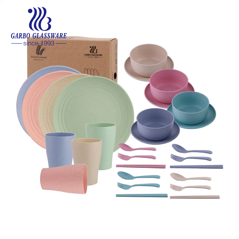 Wholesale Eco Friendly Wheat Straw 16PCS Dinner Set Chopstick Fork Spoon Bowl Plate Dinnerware