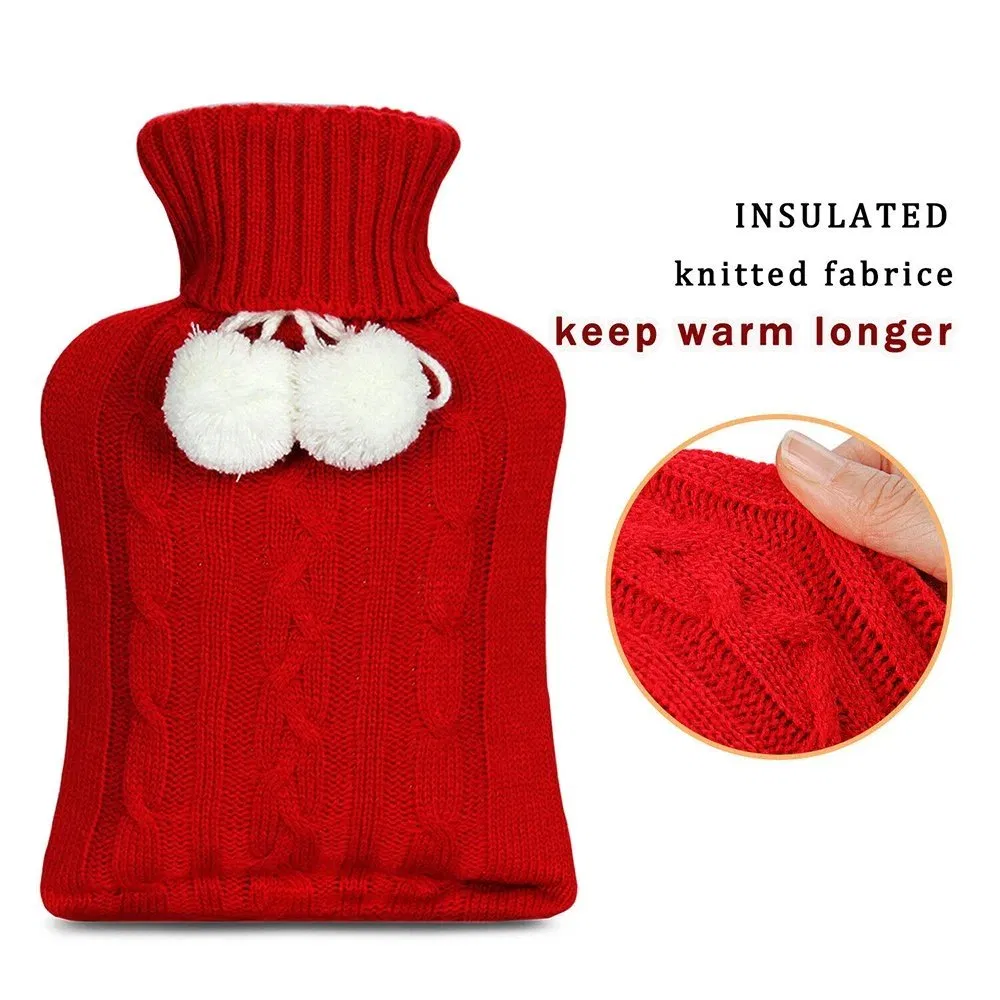 China Supplier Pure Color Customized Pompom Hot Water Bottle Knitted Cable Cover for Winter