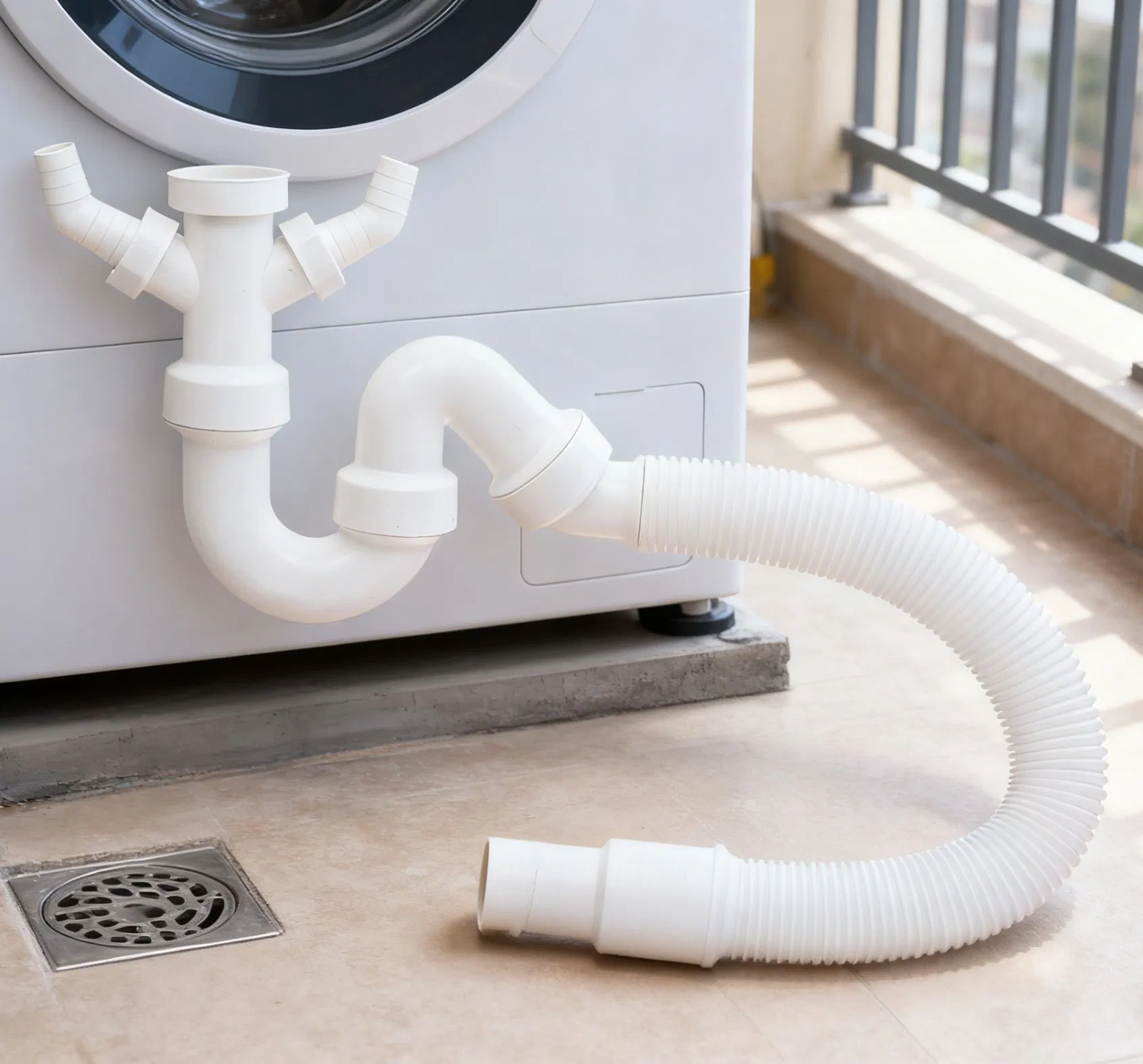 Flexible PP Pipe Kitchen Sink Drainer with Dual Water Overflow Ports