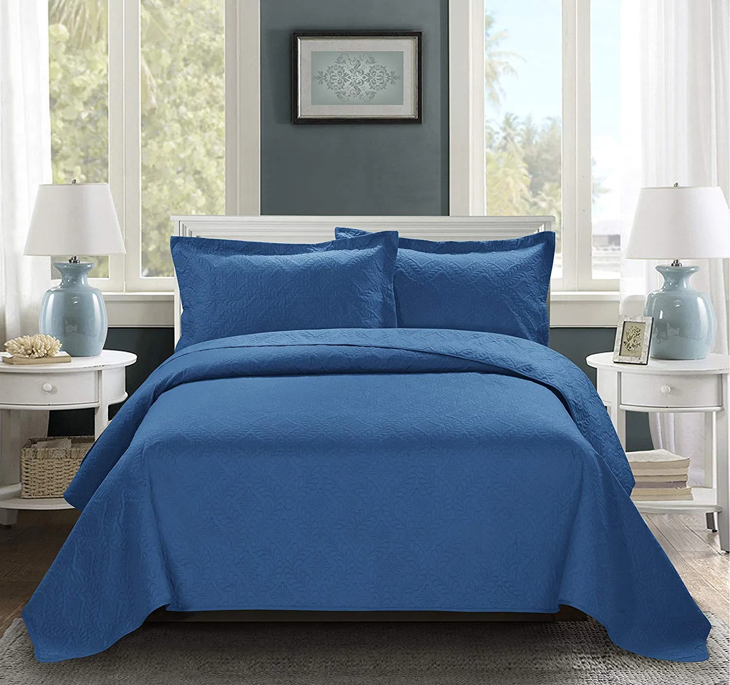 Solid Color Ultrasonic Heat Embossed Microfiber DOT Quilting Bedspread Quilt Set
