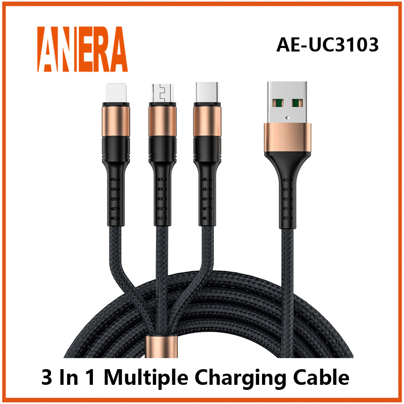 Gold Flexible 3 in 1 5A Fast Charging Cable USB2.0 to Type-C&Android&Lightning Mobile Phone Cable