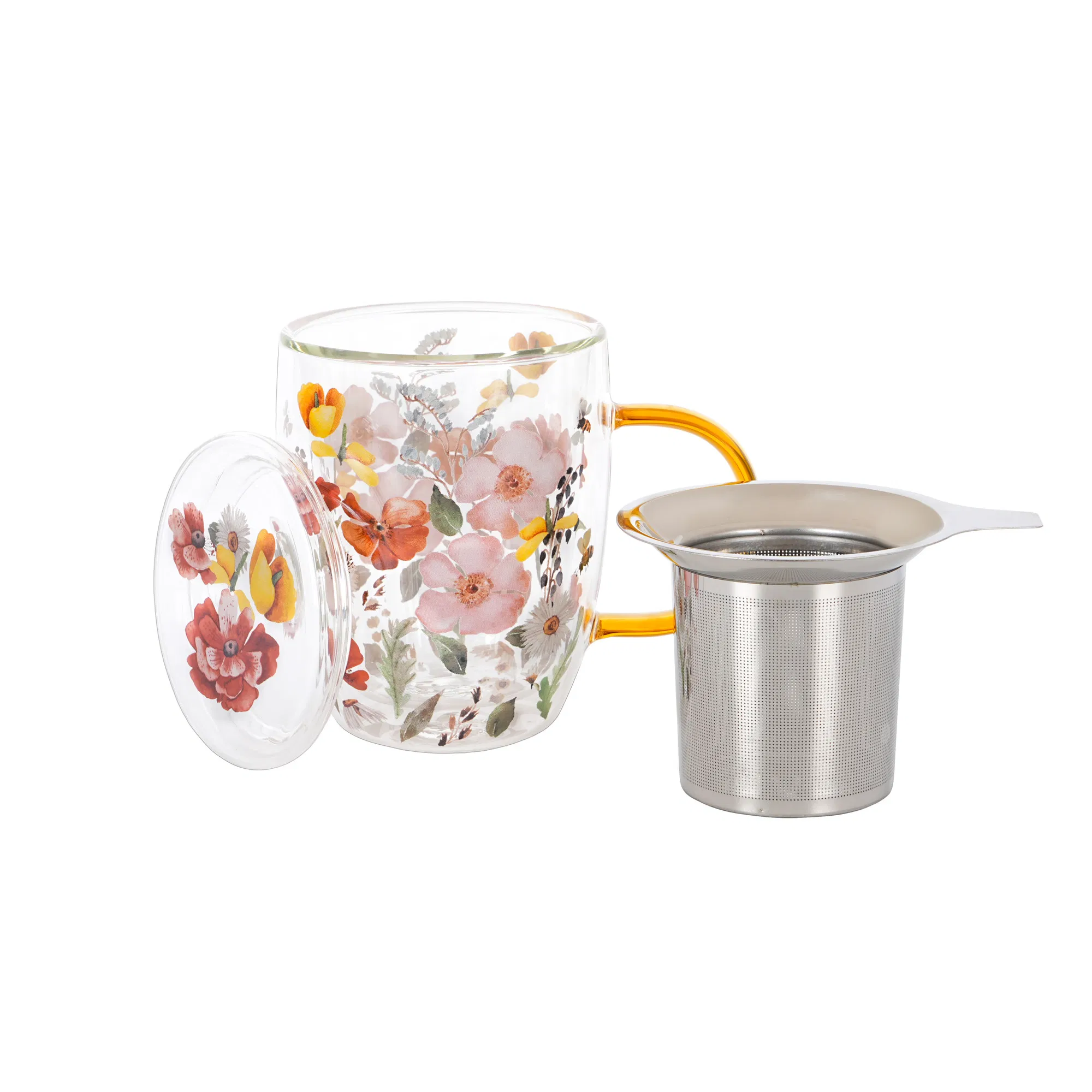 Floral Pattern Glass Mug Coffee Tea Cup Teapot Set with Filter Glassware