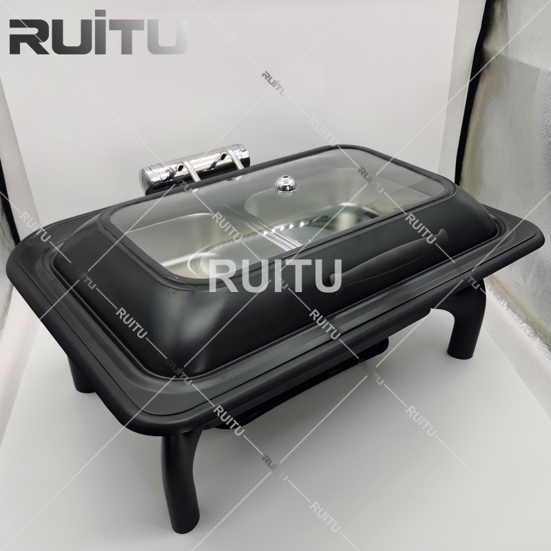 Commercial Catering Luxury Electric Fuel Chaffing Dishes 9L Oblong Cheffing Dish Stainless Steel Buffet Catering Food Warmer Big Glass Top Black Chafing Dish