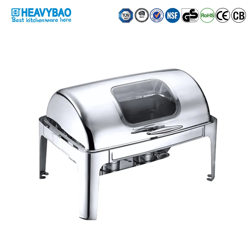 Heavybao Stainless Steel Hotel Food Warmer Set Oblong Round Roll Top Chafer with Show Window