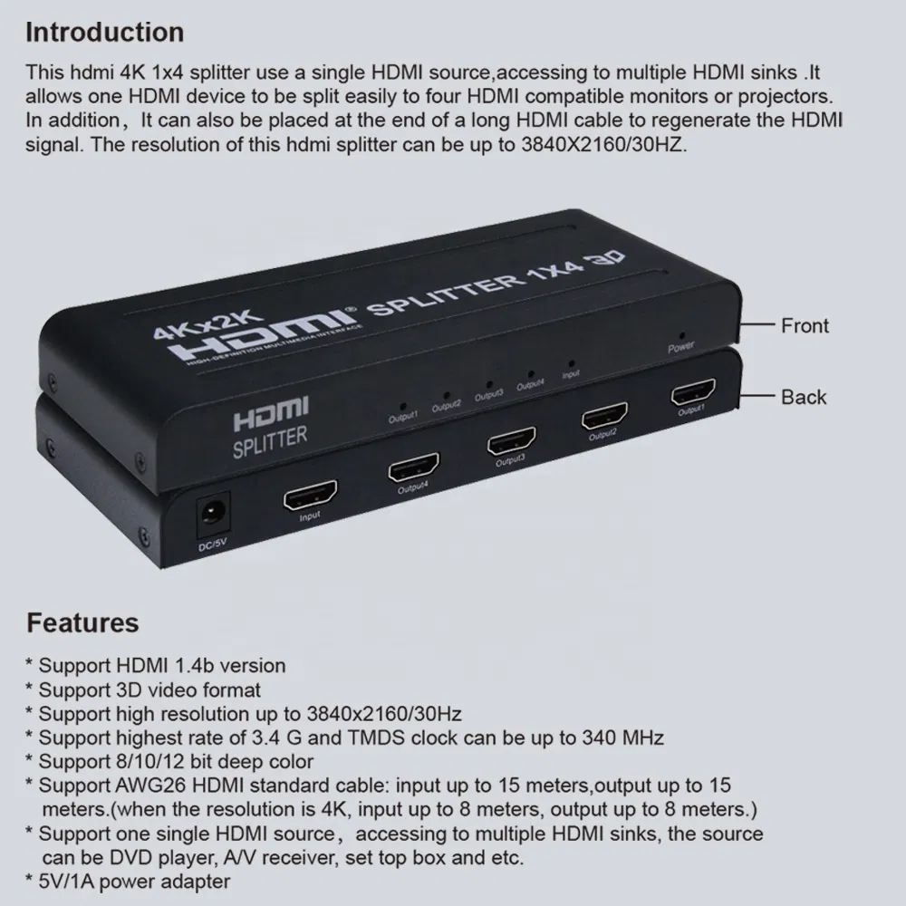 4K 30Hz HDMI Splitter 1 in 4 out, 1X4 1 Computer 4 Monitor + Power Adapter 1 in 4 out HDMI Splitter