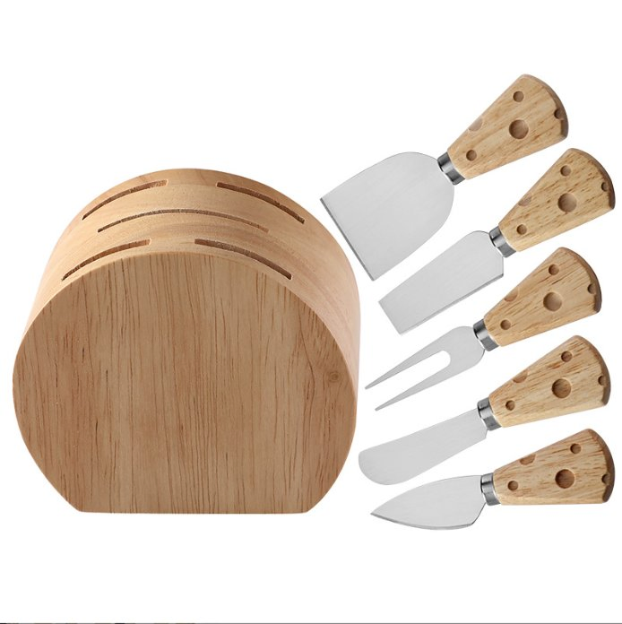 Rubber Wood Handle Cheese Knife Set, Stainless Steel Cheese Knife and Fork 6-Piece Set with Wood Seat