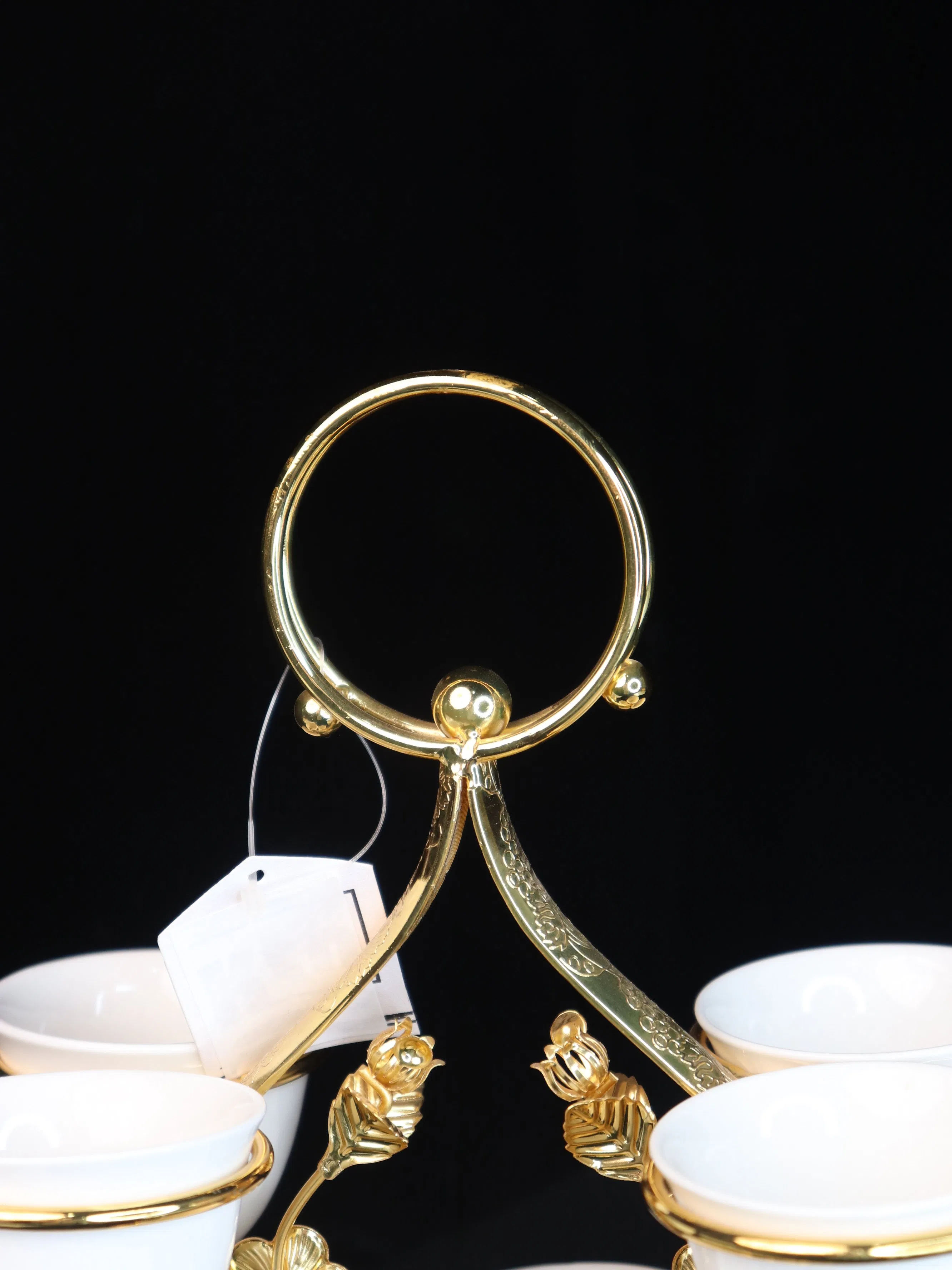 Decorative Gold-Plated Iron Frame with 6 Ceramic Tea Cup Ornaments Set