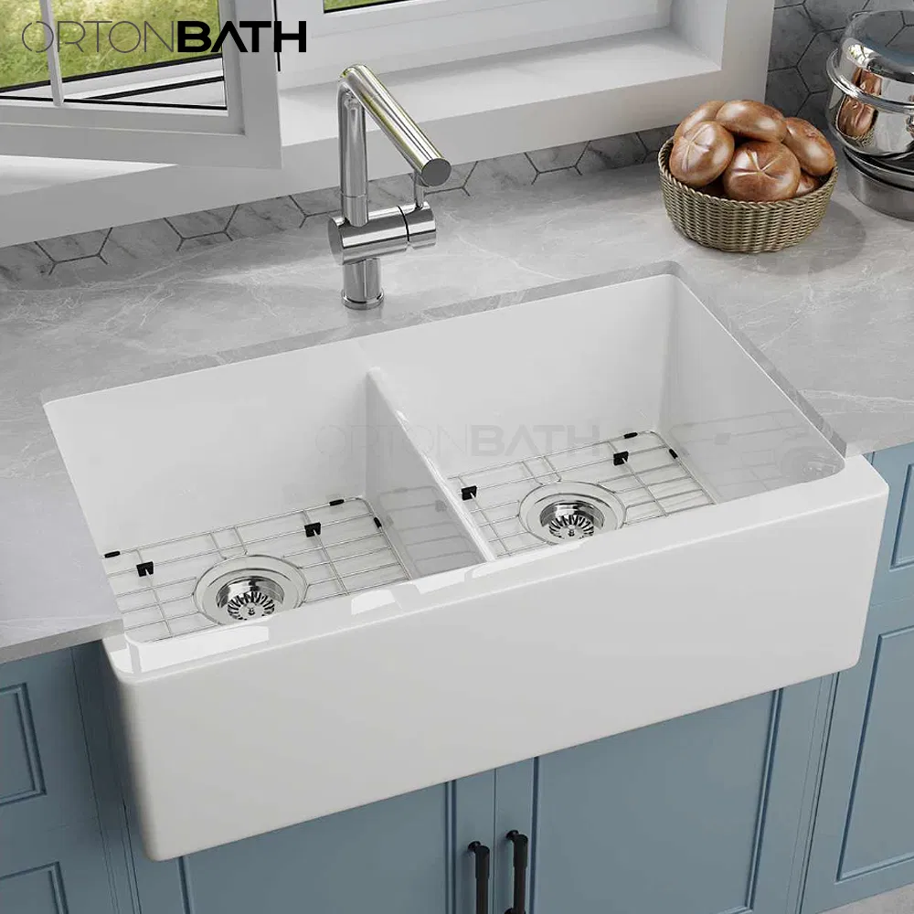 Ortonbath Farmhouse Sink 33 Inch - Apron Front Kitchen Sink Reversible Double Sink, Undermount Installation, Farm House Style Double Bowl Sink