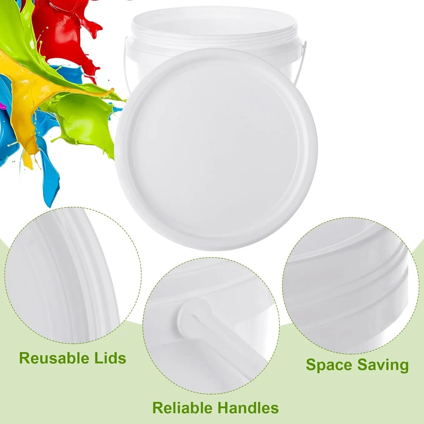 White Round Plastic Containers with Lid and Handle for Food Storage