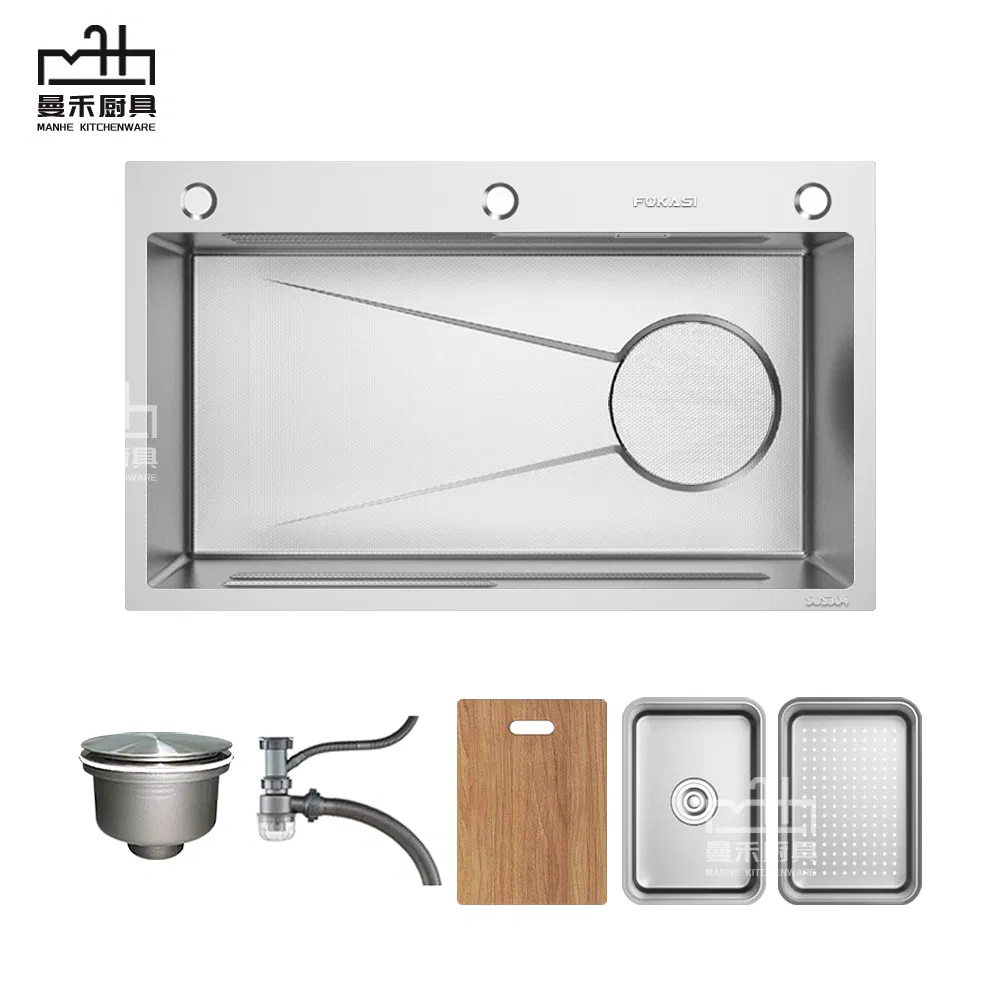 Large 185mm Drainer Embossing Handmade Kitchen Sink Stainless Steel Single Bowl Workstation Sinks for The Kitchen