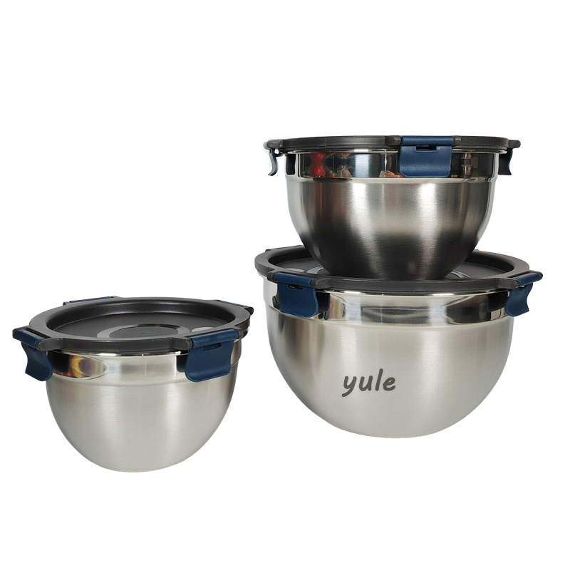 Chaozhou Factory Kitchenware Non-Slip Stainless Steel Salad Bowl Mixing Bowls with Seal Lid