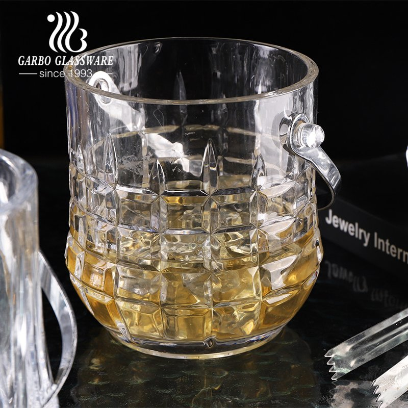 Engraved Diamond Design Glass Bulk Ice Bucket with Handle and Clip Ice Storage Glassware Bottle