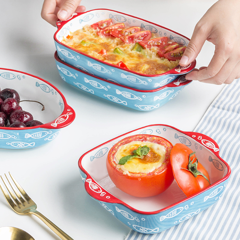 Hand-Painted Fish Pattern Roasting Ceramic Food Plate Round Baking Pan Dish