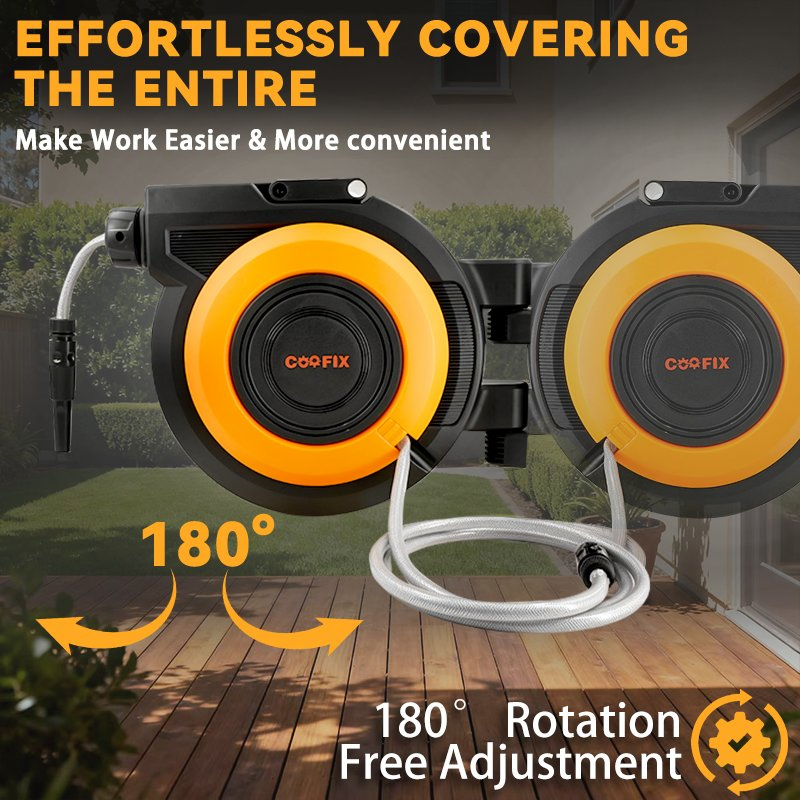 Retractable Garden Hose Reel - 1/2 Inch X 50FT Wall Mounted Hose Reel with 3/4 Inch Brass Fitting & 10 Function Sprayer Nozzle