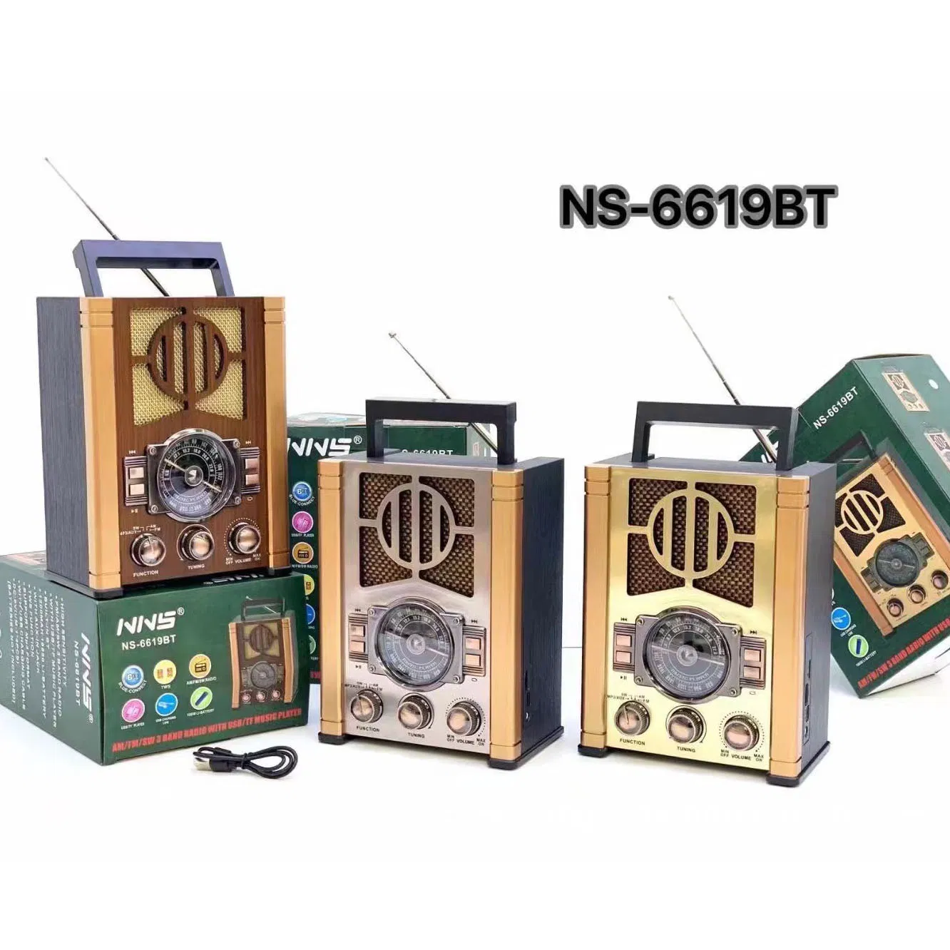 Ретро радио NS-6619BT с Bluetooth, деревянный корпус