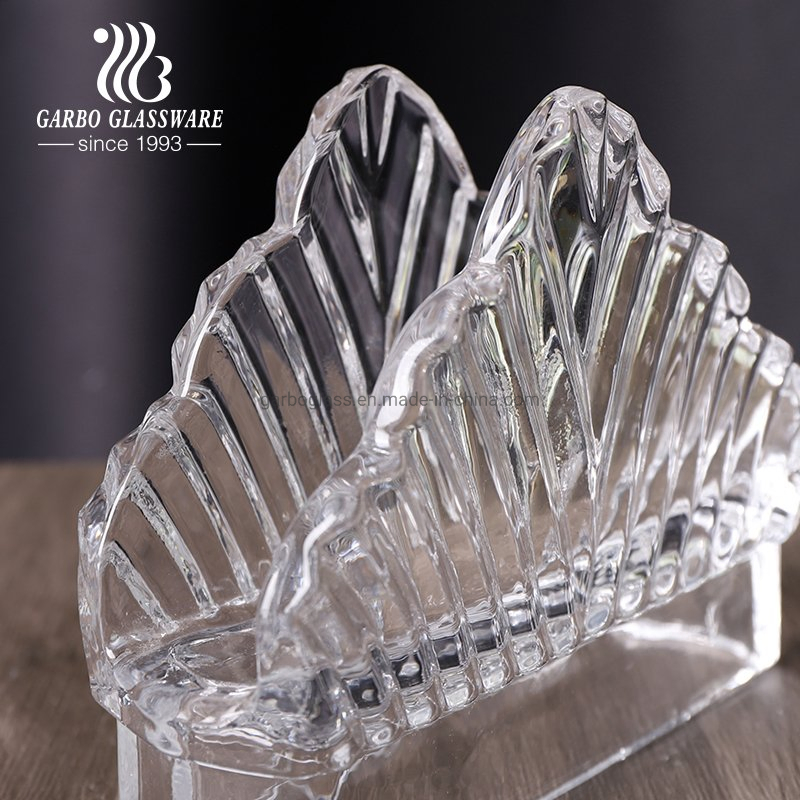 Promotion 5" Vintage Triangle Embossed Crystal Clear Glass Napkin Holder for Guest