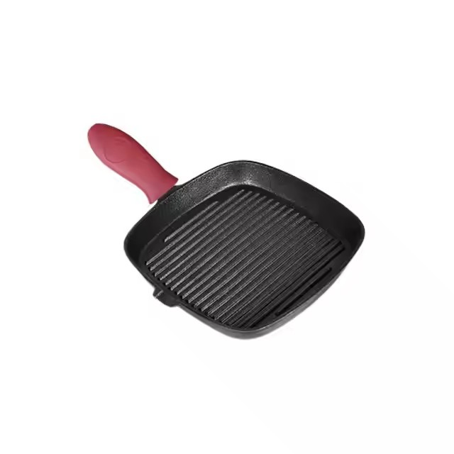 Wholesale Pre-Seasoned Frying Pan 22/24 Cm Square Steak Fish BBQ Skillet Cast Iron Grill Pan with Wooden Handle
