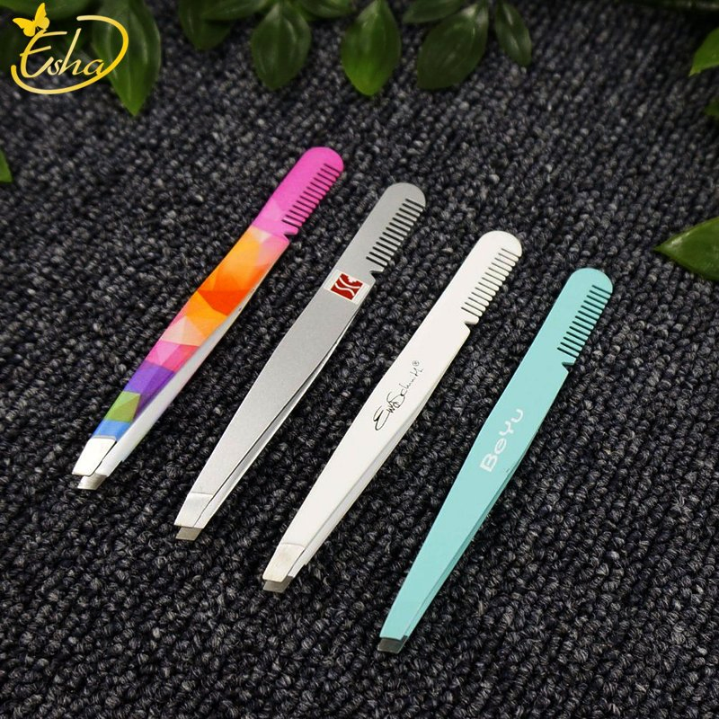 Eyelash Beauty Tool Slant Tip Eyelashes Cosmetic Tweezers with Attached Brow Comb