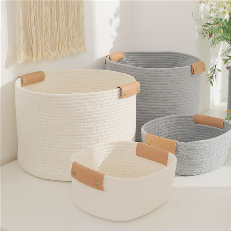 Wholesale Cotton Rope Woven Leather Handle Household Laundry Basket
