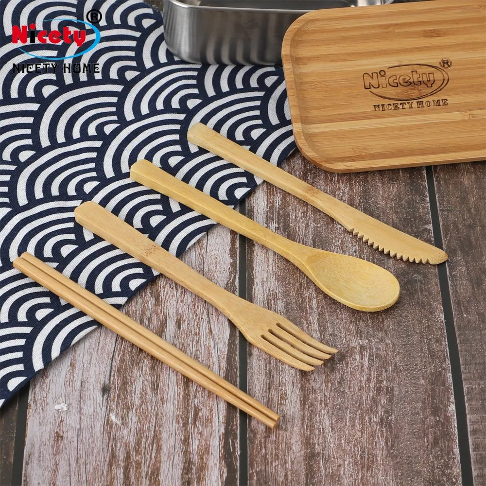 Wholesale Travel Outdoors 6PCS Bamboo Eco-Friendly Tableware Sets with Chopsticks Knife Fork Straw Spoon