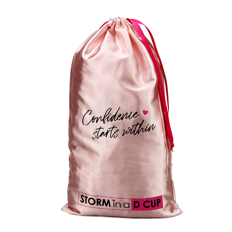 Custom Logo Shocking Pink Imitation Silk Drawstring Bags for Garment