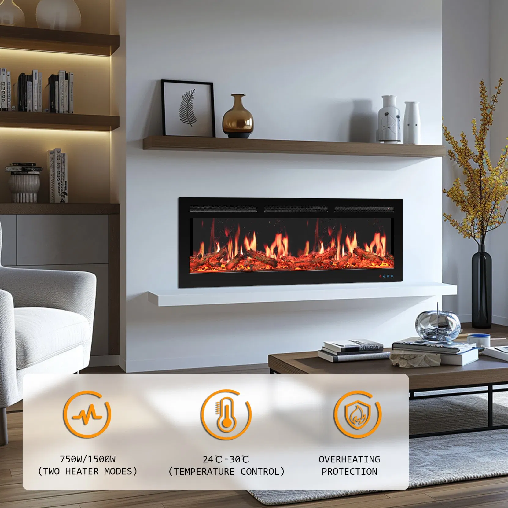 Smart Multi-Color Flame Electric Fireplace with Adjustable Sound, 3D LCD Realistic Flames, Wall Mounted Design for Home and Office Use