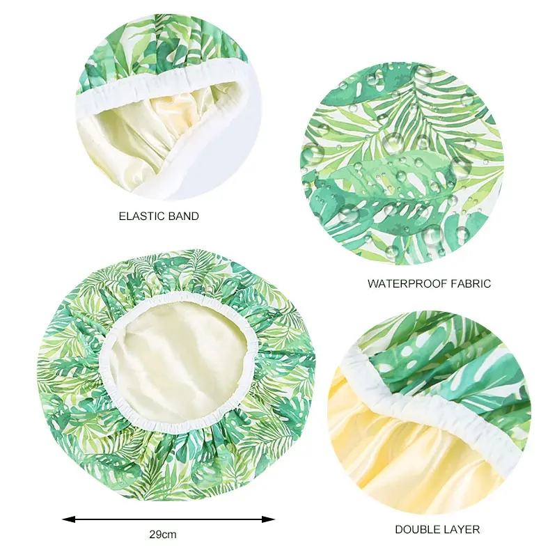 Customized Shower Cap Waterproof Double Layer Satin Lining Reusable EVA Bath Cap