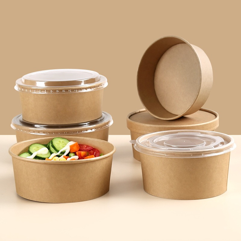 Biodegradable Hot Sale Disposable Kraft Paper Packaging Box Round Paper Bowl Thickened Takeaway Fast Food Box Fruit Salad Bowl Picnic Bowl with Transparent Lid