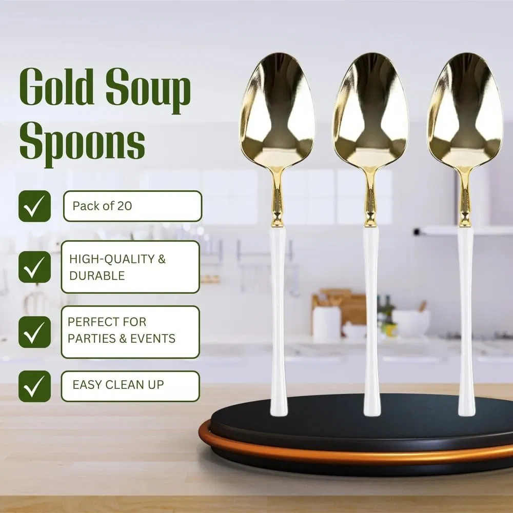 Elegant Gold and White Disposable Soup Spoons for Events
