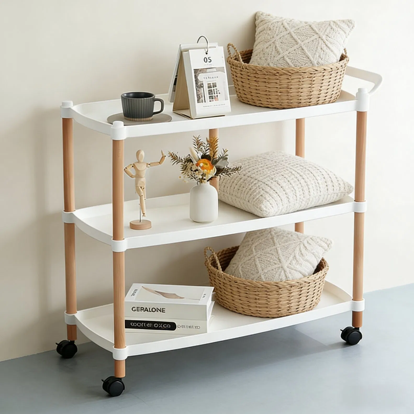 New Wood Colorful OEM Rolling Utility Cart Rack Trolley Display Shelf Storage