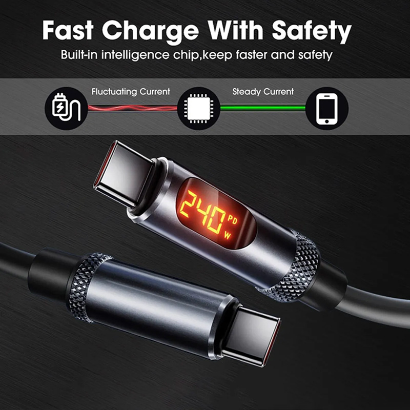 240W USB-C Cord Silicone PD 3.0 Type-C Fast Charging Data Cable with Digital Display