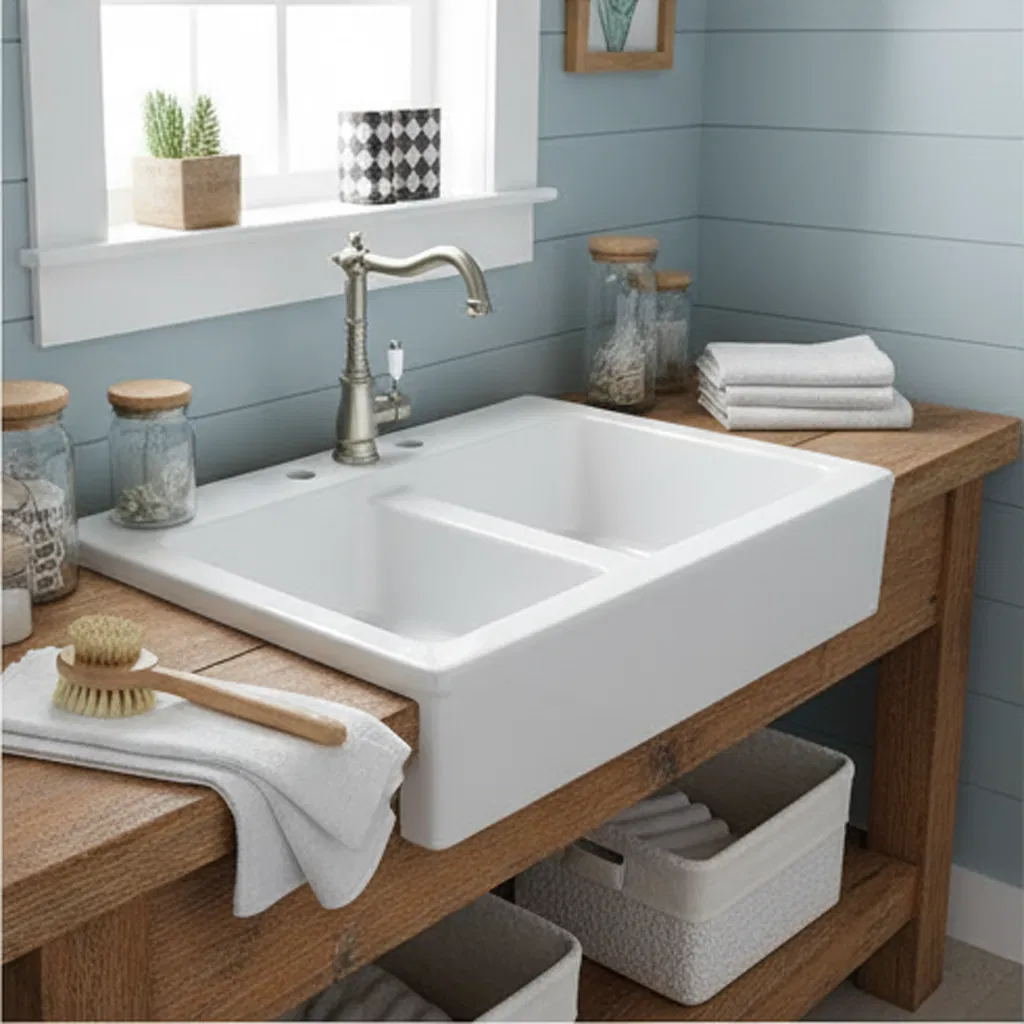 Elegant White Double Bowl Acrylic Vanity Sink for Laundry Spaces