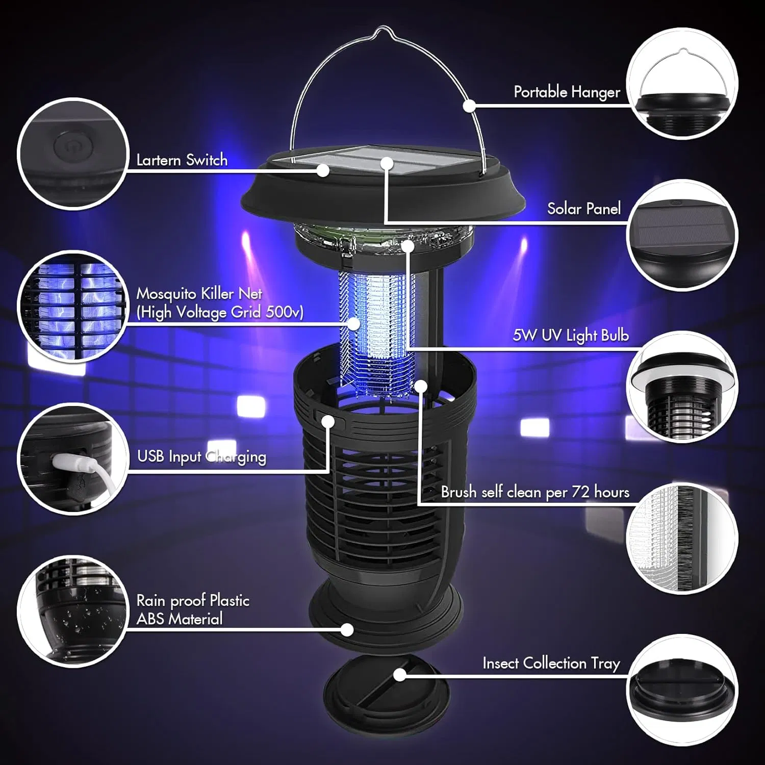 2-in-1 Solar Insect Killer and LED Lamp - Rechargeable, Waterproof, and Self-Cleaning