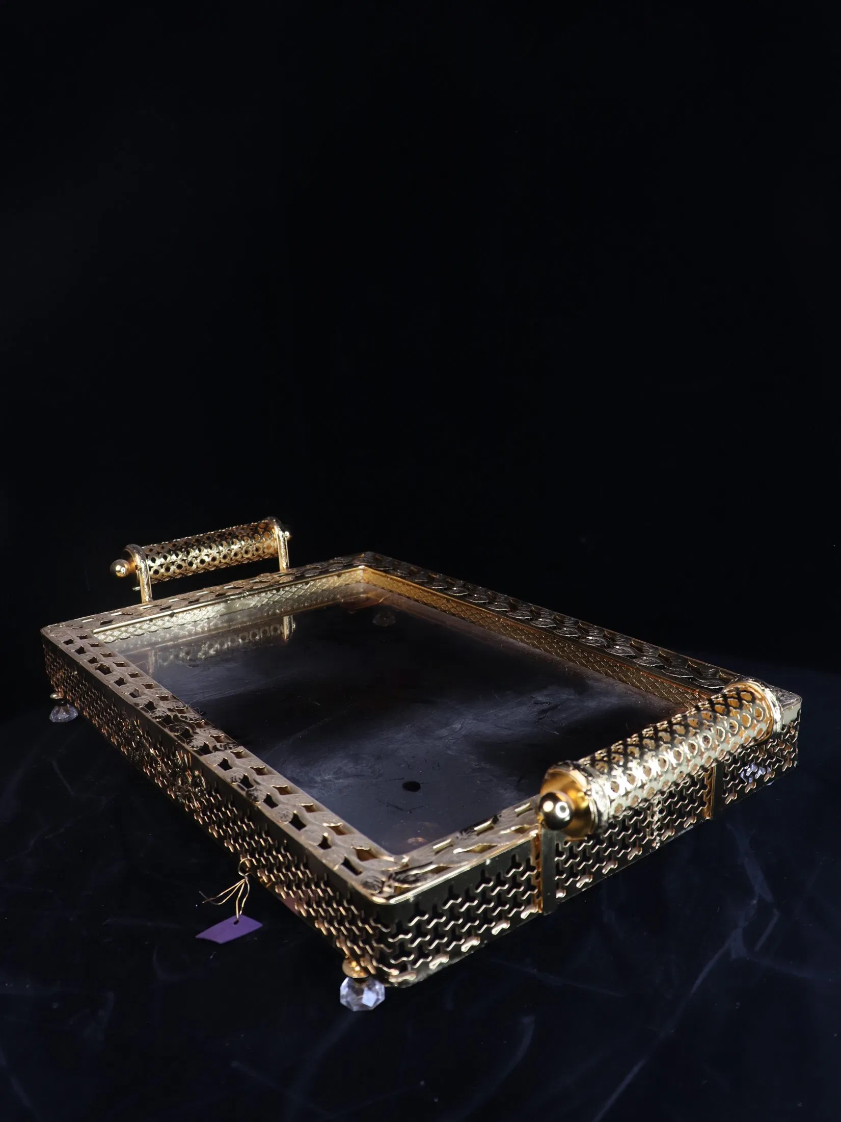 Elegant Glass Rectangle Fruit Plate with Stunning Gilded Ironwork Design