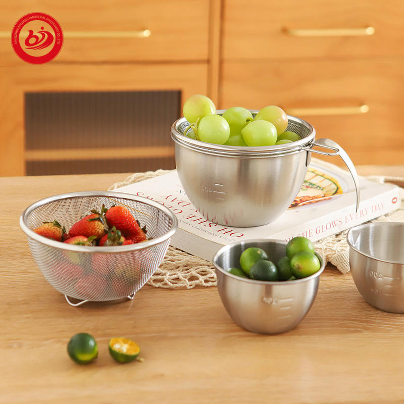 Factory Directly Sell Salad Bowl Premium Stainless Steel Egg Beate Mixing Bowl with Handles Graduated Bowl Measuring Cup