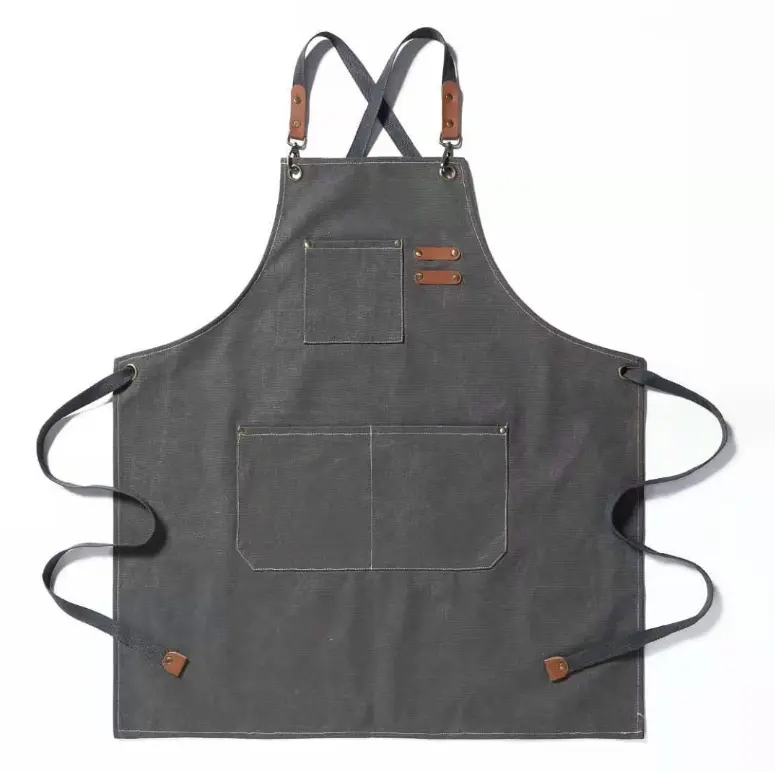 Custom Brand Logo Printed Black Pink Grey Promotion 100% Organic Cotton Canvas Cotton Kitchen Cooking Chef Adluts Aprons with Two Pockets