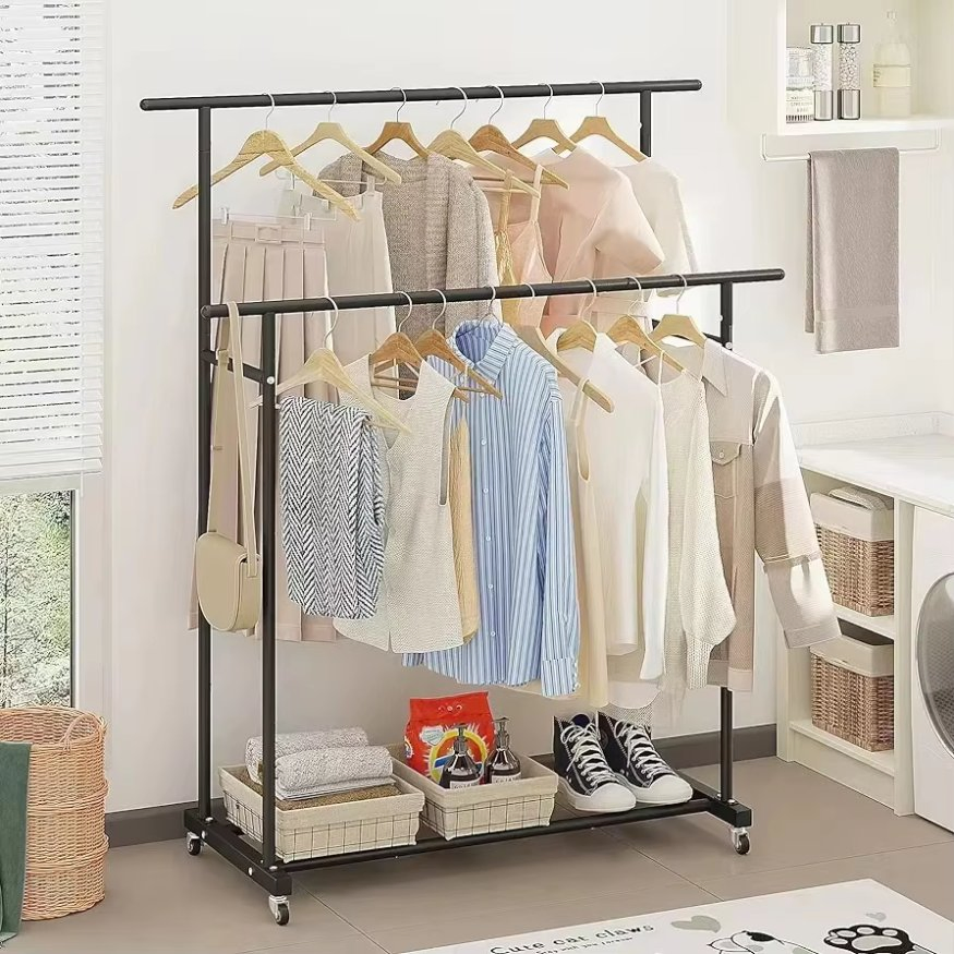Multifunction Metal Garment Rack Wholesale Household Clothes Storage Hanging Rack Movable Single Rod Space Saving Clothes Rack