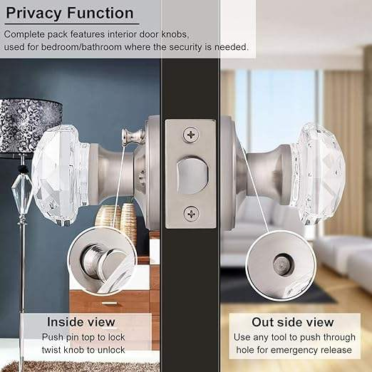 Glass Door Knob with Lock Crystal Bedroom Door Lock Brushed Nickel Glass Privacy Door Knob