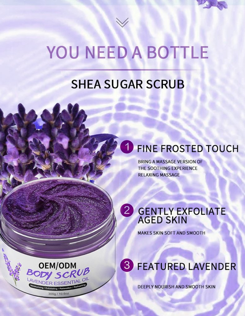Private OEM Body Scrub for The Skin Exfoliating and Black Head Remover Lavender Smooth Body and Face Scrub