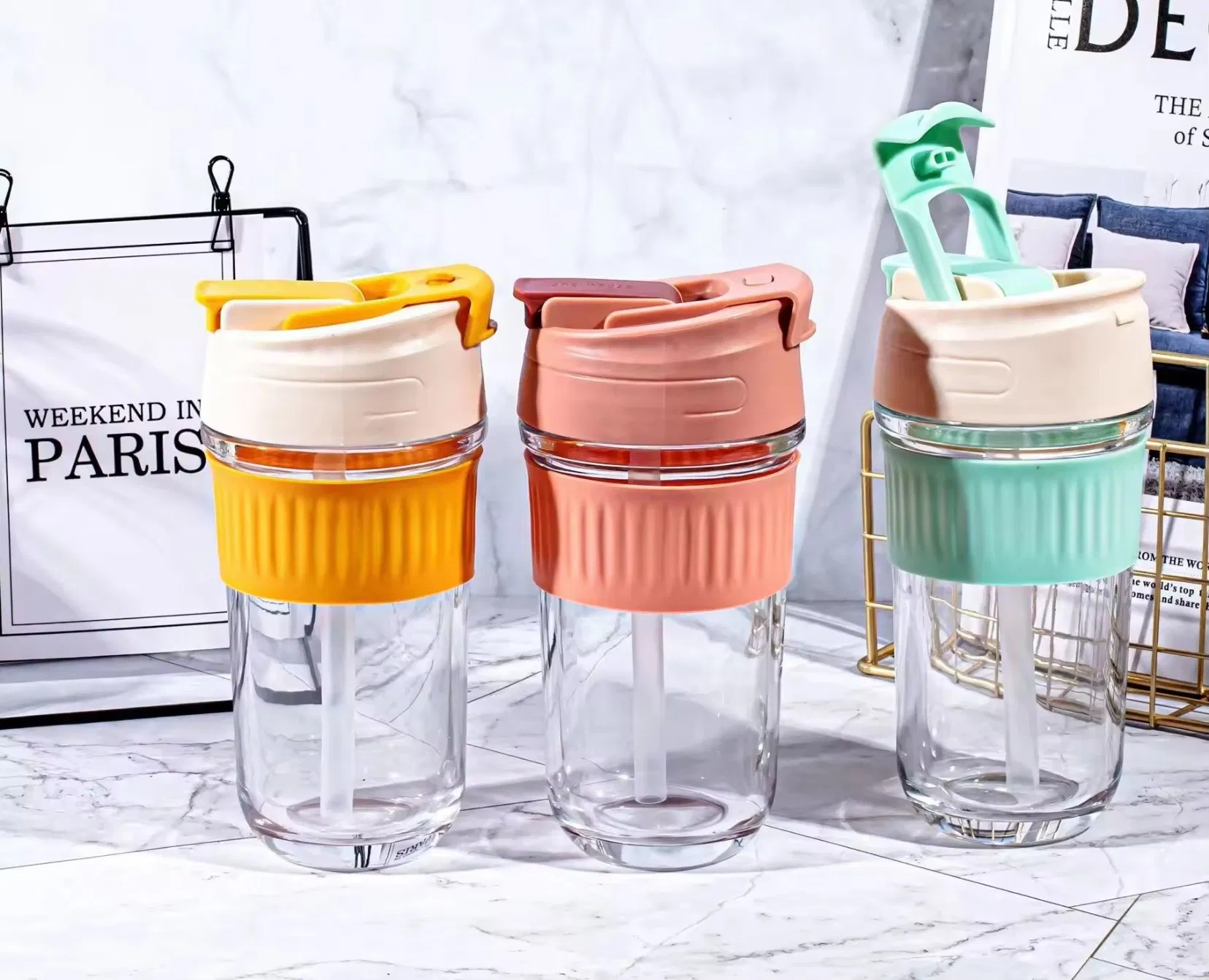 Double Drinking Cup, Glass Water Cup, Coffee Cup, Straw Cup with Lid