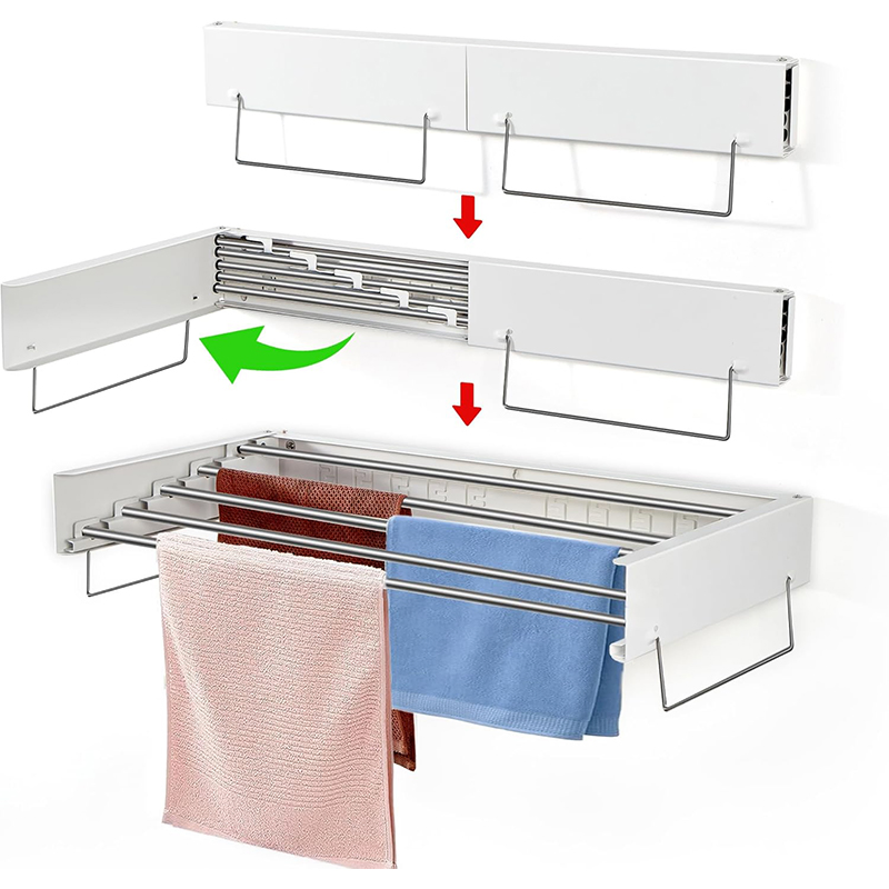 Folding Hidden Pull out Balcony Vertical Outdoor Laundry Clothes Metal Drying Rack Wall Mounted Storage Hanger Drying Rack for Store Kids Clothes