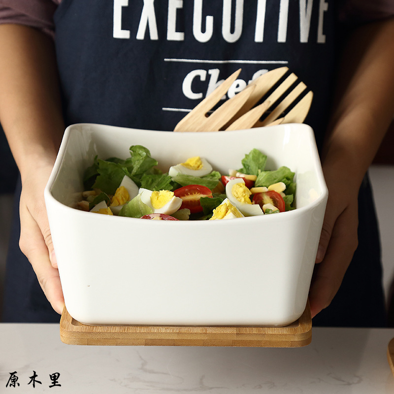 Elegant Square Large Ceramic Bowl Salad Bowl with Tray & Spoons