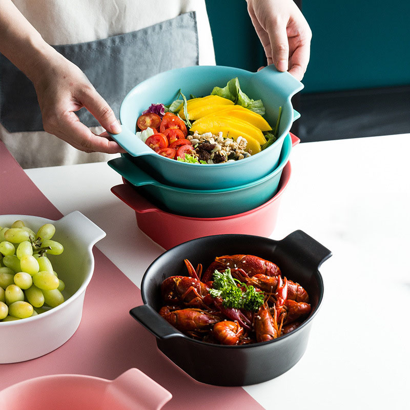 Creative Round Ceramic Salad Bowl Binaural Soup Noodle Bowl Dinner Plate Bakeware Baking Bowl